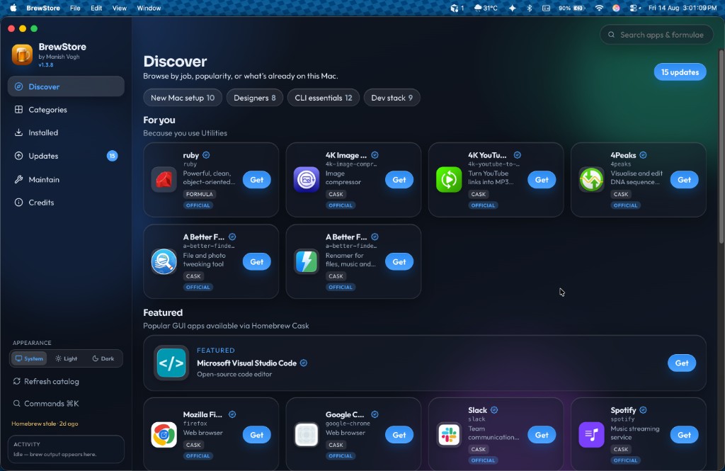 BrewStore Discover view: Homebrew GUI for Mac browsing casks and formulae like an App Store