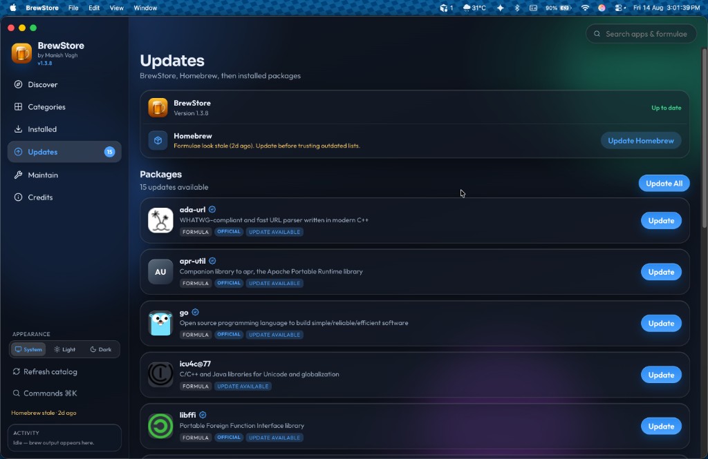 BrewStore Updates view showing brew outdated packages and brew upgrade on macOS